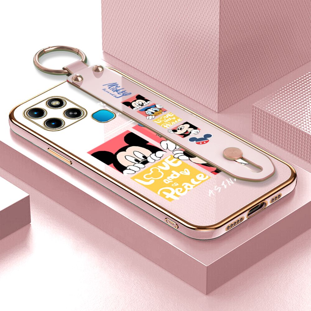 Jizetin for Infinix Smart 6 Back Cover Lovely Mouse Luxury 6D Plating Wrist Strap Phone Cases Soft Silicone Square Mobile Phone Case