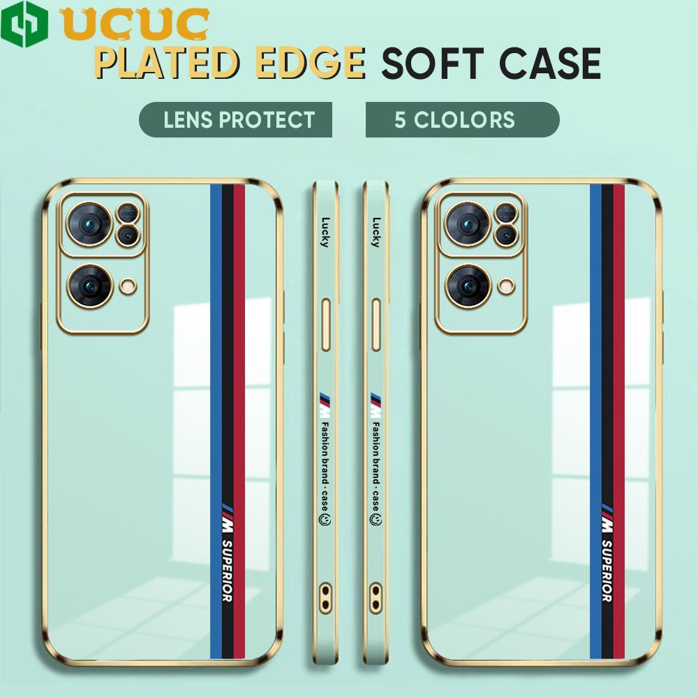 UCUC for OPPO Reno7 Pro 5G Back Cover + Free Lanyard Track Sign Luxury 6D Plating Case Side Pattern Soft Silicone Square Phone Cases
