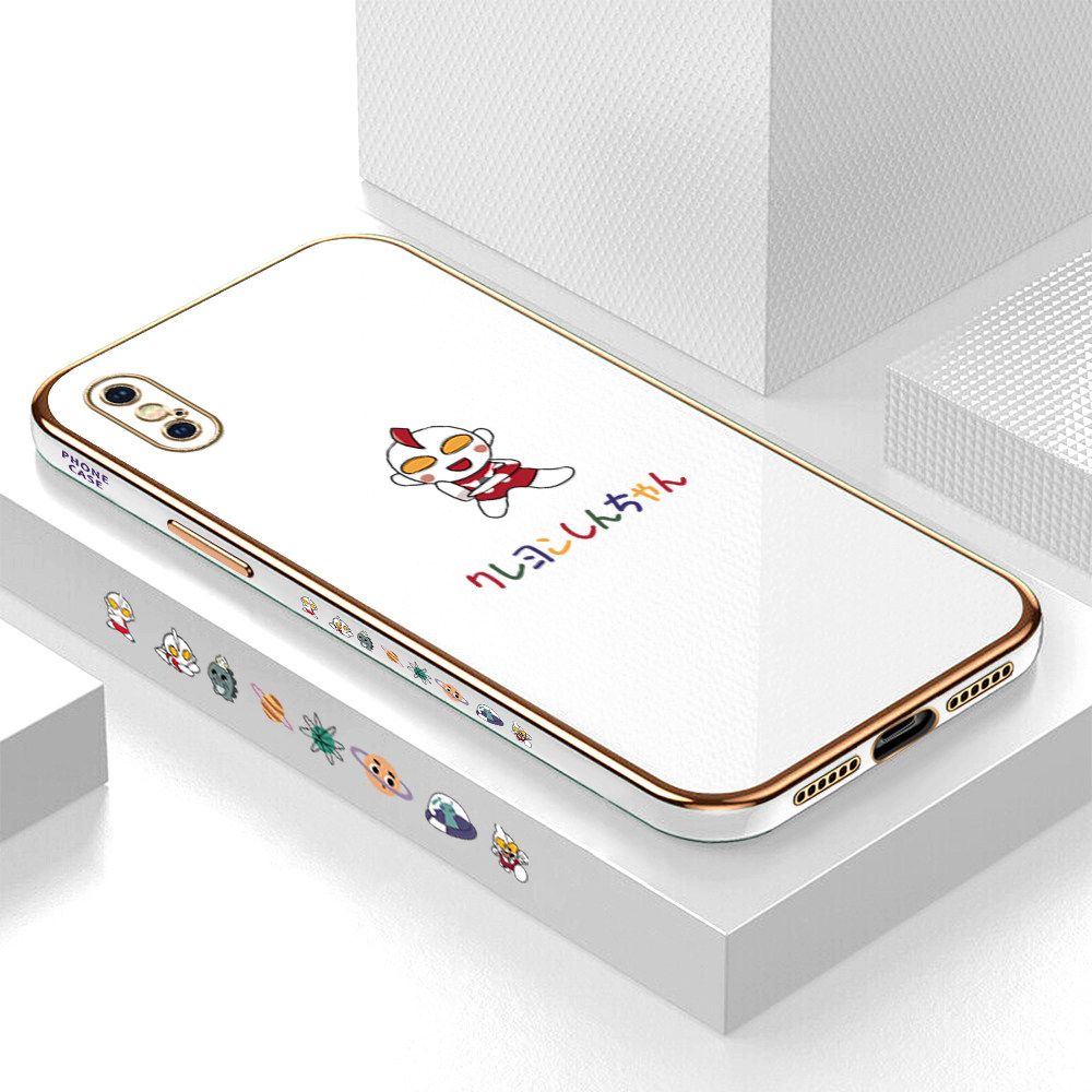 Luxury 6D Plating Case for iPhone X Cute Cartoon Side Pattern Back Cover Soft Silicone Square Frame Shiny Bling Phone Cases + Free Lanyard