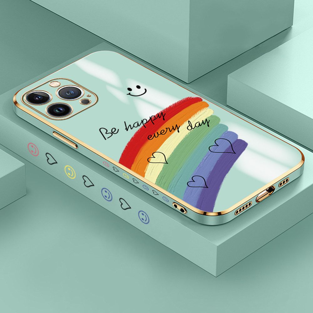 Jizetin (Free Lanyard) iPhone 13 Pro Max Case Rainbow Doodle Luxury 6D Plating Soft Casing Silicone Ultra Thin Phone Cover