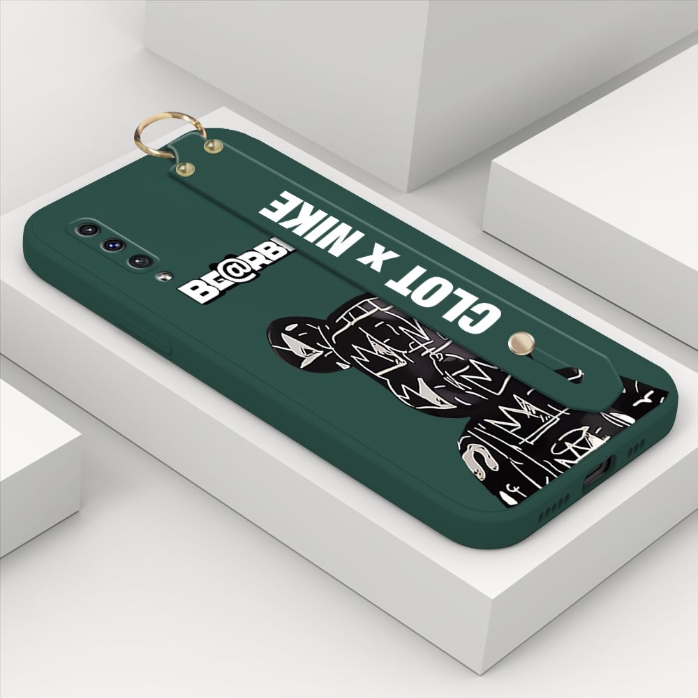 ZeroQiQi for Samsung Galaxy A50 Wrist Strap Case Fashion Black Brand Bear Phone Case Square Edge Liquid Silicone Cases Full Cover Camera Shockproof Protection Cases