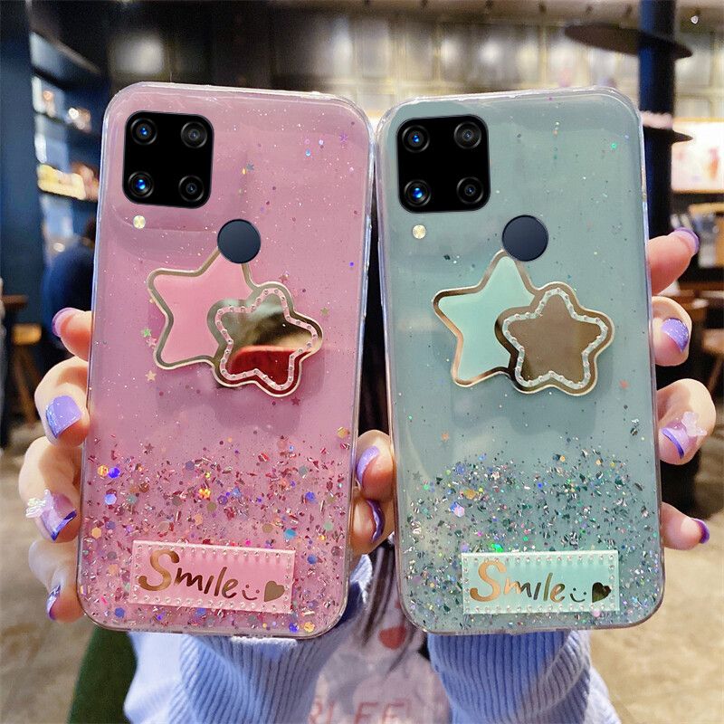 Phone case Realme C15 Shiny Ring Case Glitter Soft Transparent Full Star Mirror Cases For Realme C15 Back Cover Stars Moon Girls
