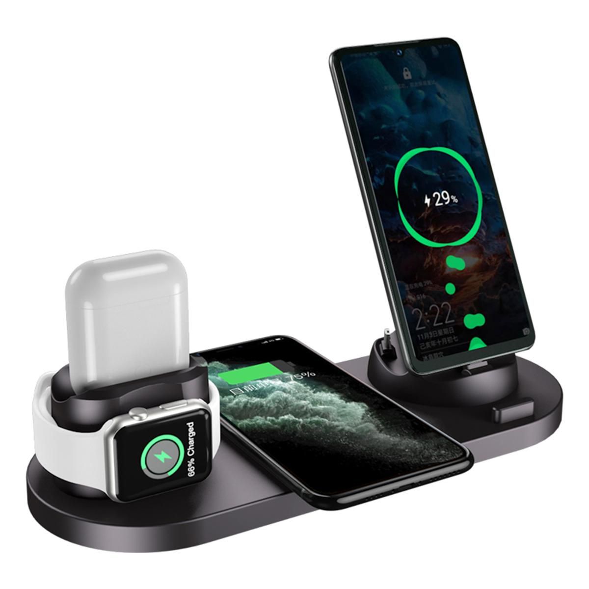 WS 6-in-1 Wireless Charger Automatic Control Multi-port Charging Station Compatible For Iwatch Huawei Watch Mobile Phone