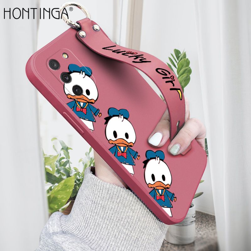 Hontinga for Samsung Galaxy S10 Lite Wrist Strap Case Cute Cartoon Little Duck Phone Case Square Edge Liquid Silicone Case Full Cover Camera Shockproof Protective Cases