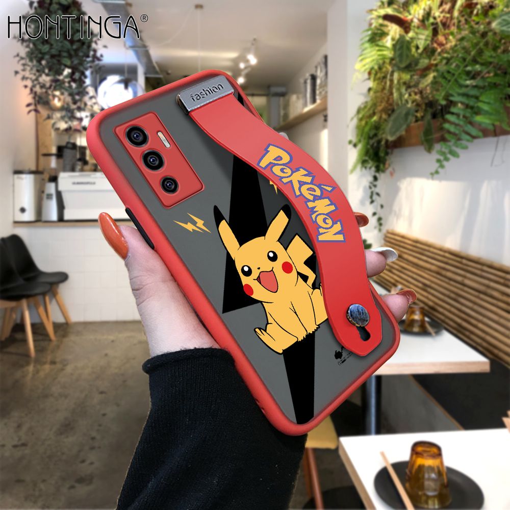 Hontinga for Vivo V23E 5G / 4G Back Cover With Wristband Cartoon Pikachu Phone Casee Full Lens Protection Thin Frosted Cases
