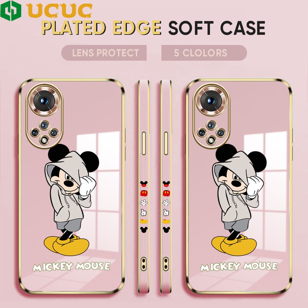 UCUC for Honor 50 Back Cover + Free Lanyard Hoodie Mouse Luxury 6D Plating Case Side Pattern Soft Silicone Square Phone Cases