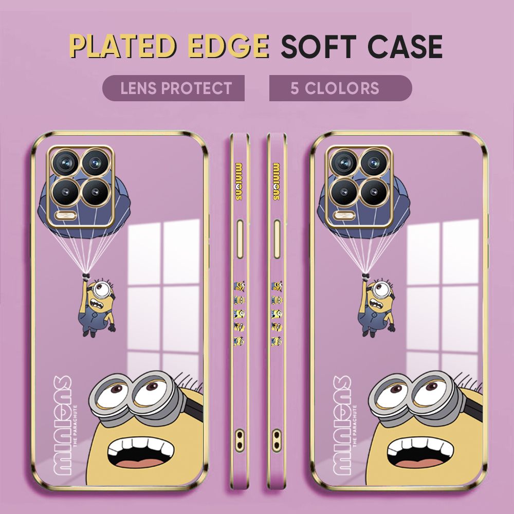 Luxury 6D Plating Case for Realme 8 4G / 8 Pro Back Cover Cartoon Minions Side Pattern Soft Silicone Square Phone Cases