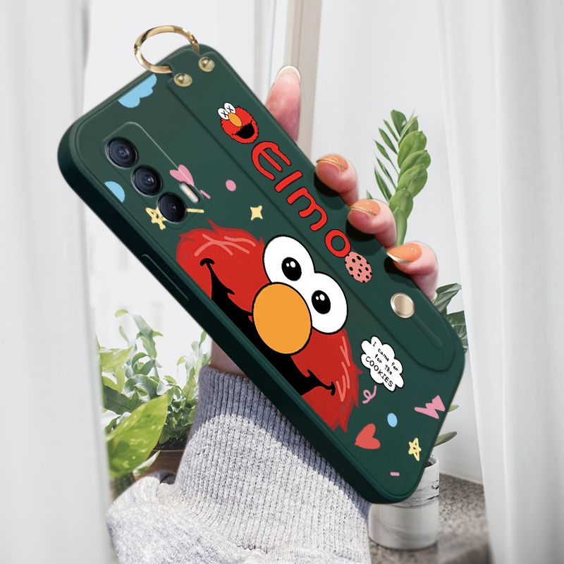 Jizetin for Realme V15 5G Wrist Strap Case Creative Cartoon Red Haired Monster Cover Ultra Thin Anti Fall Liquid Silicone Phone Case