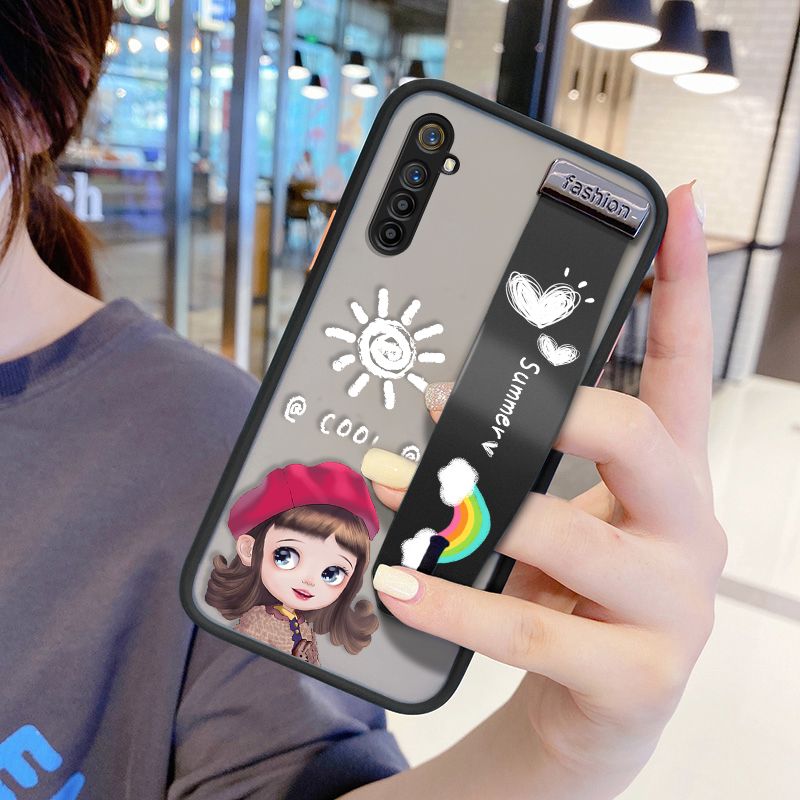 UCUC for Realme XT Wrist Strap Case Lovely Cartoon Red Hat Girl Wristband Printing Cover Shockproof Frosted Phone Case