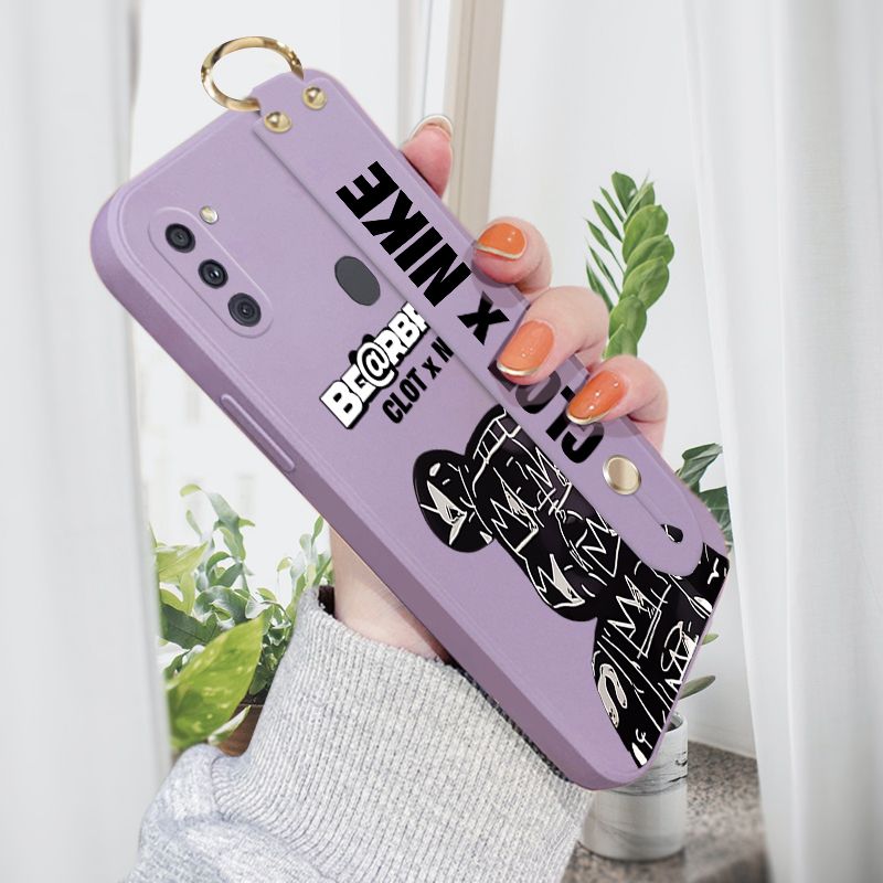 Jizetin for Samsung Galaxy A11 / M11 Wrist Strap Case Creative Cartoon Black Stitching Bear Cover Ultra Thin Anti Fall Liquid Silicone Phone Case