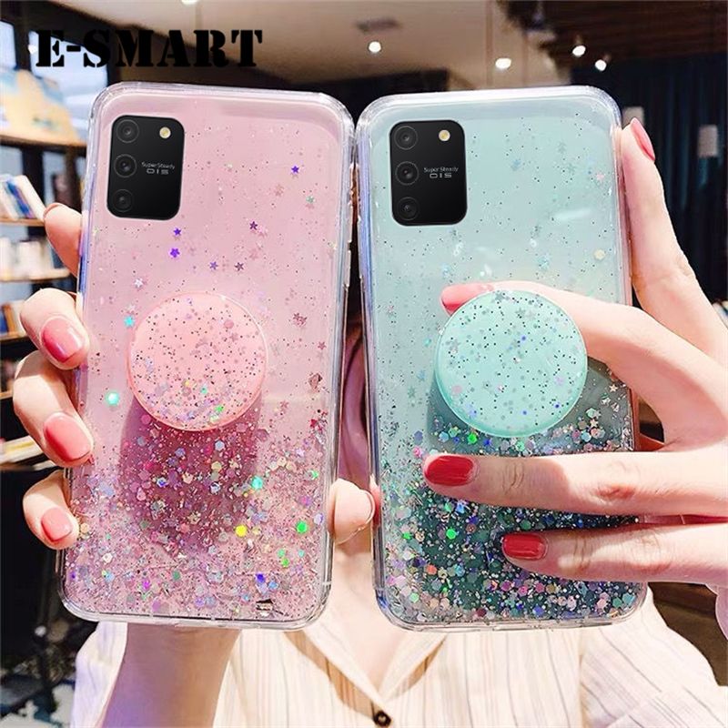 Phone case Samsung Galaxy S10 Lite Back cover Shiny Ring Glitter Soft Transparent Holder Stand Back cover with String Glitter Space Stars Moon Samsung S10 Lite case
