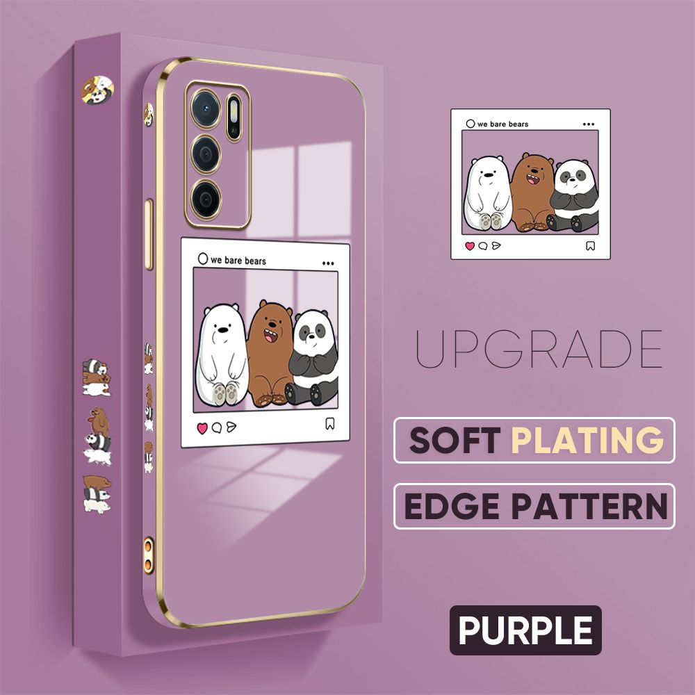 Jizetin (Free Lanyard) OPPO A16 Cover Bears Photo Luxury 6D Plating Soft Casing Silicone Square Frame Phone Case Shiny Bling Back Cover