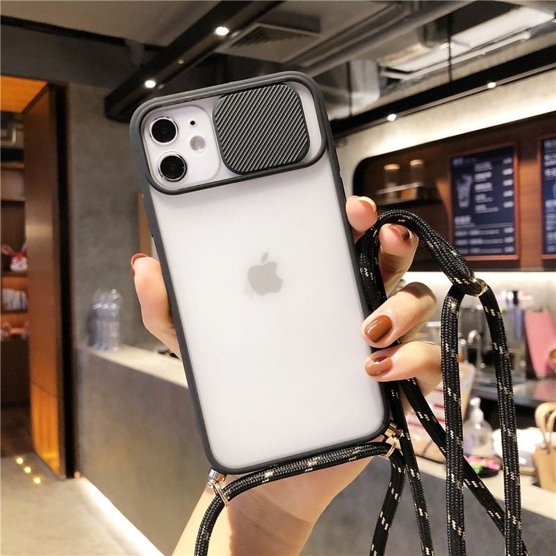 Camera Lens Protection Candy Color Phone Case  For iPhone 13 12 11 Pro X XR XS Max SE2 7 8 Plus Necklace With Rope Lanyard Cover