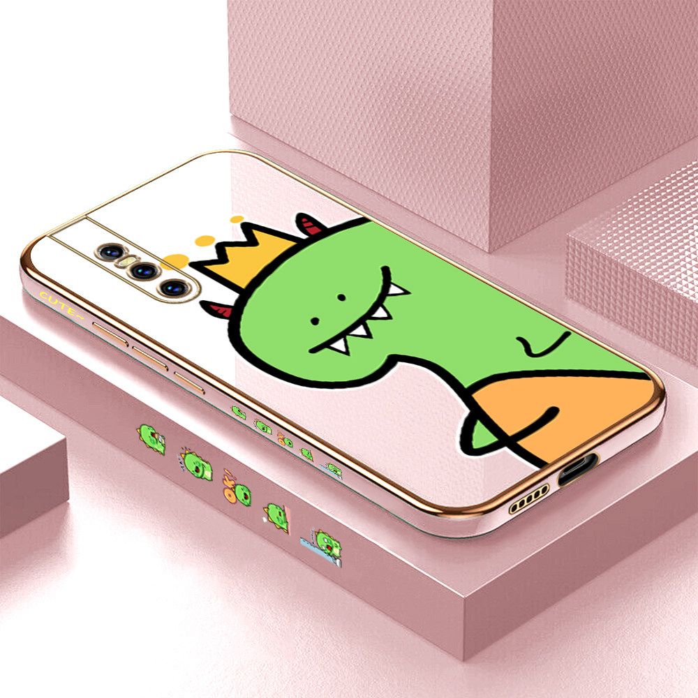 Luxury 6D Plating Case for Vivo V15 Pro Cute Little Dinosaur Side Pattern Back Cover Soft Silicone Square Frame Shiny Bling Phone Cases + Free Lanyard