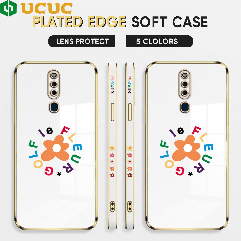 UCUC for OPPO F11 Back Cover + Free Lanyard Colorful Flower Luxury 6D Plating Case Side Pattern Soft Silicone Square Phone Cases