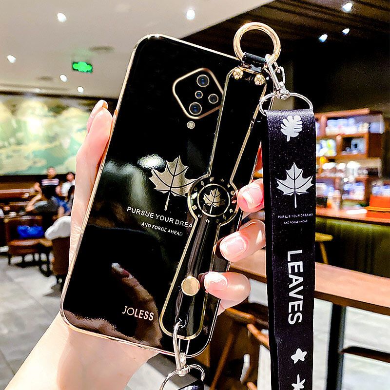 For Vivo S1 Pro Back Cover with Lanyard + Wristband Fashion Shiny Maple Leaf Plating Bumper Stand Holder Case Camera Protection Soft Silicone Mobile Phone Cases