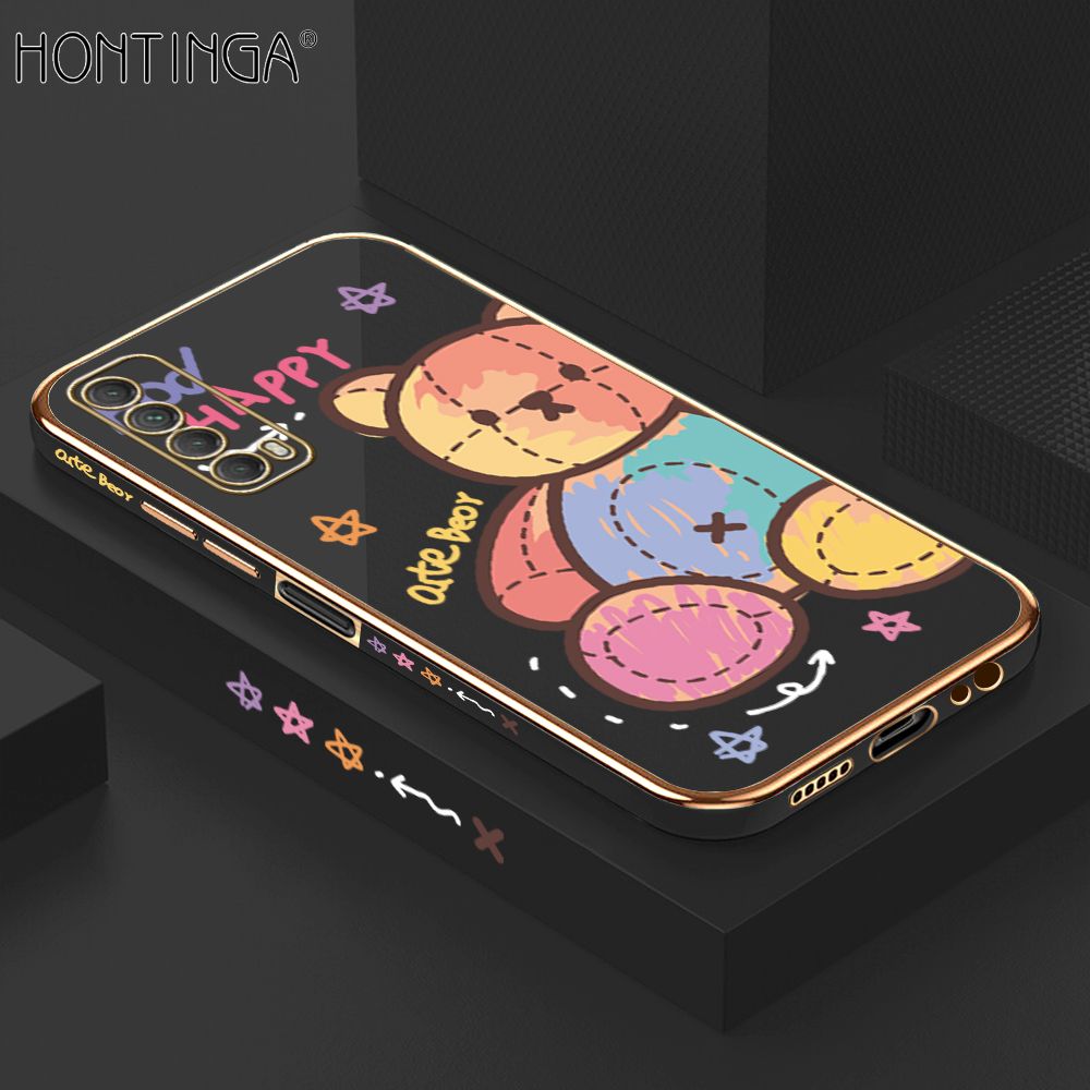 Hontinga for Huawei Y7A Back Cover + Free Lanyard Luxury 6D Plating Alphabet Rainbow Side Pattern Case Soft Silicone Square Mobile Cover