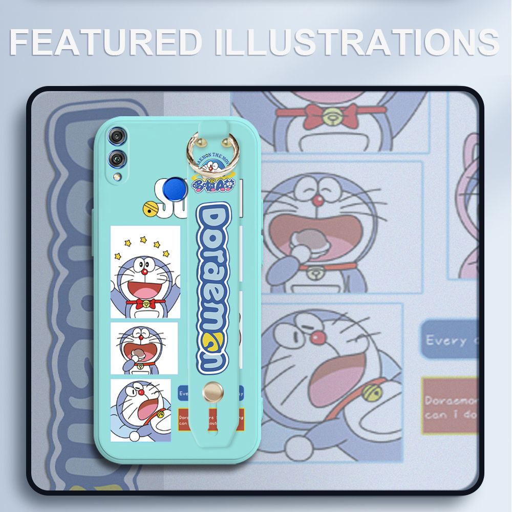 UCUC for Honor 8X Wrist Strap Case Creative Cartoon Doraemon's Daily Life Cover Ultra Thin Anti Fall Liquid Silicone Phone Case