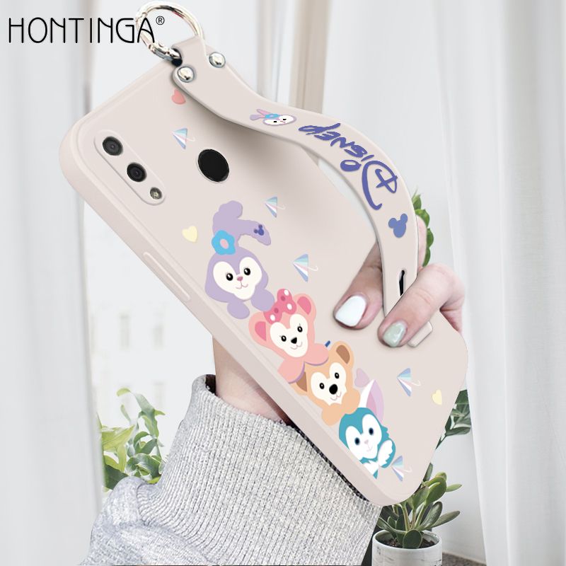 Hontinga for Huawei Y9 2019 Wrist Strap Case INS Cute Style Creative Cartoon Rabbit and Fox Cover Thin Square Edge Liquid Silicone Phone Case