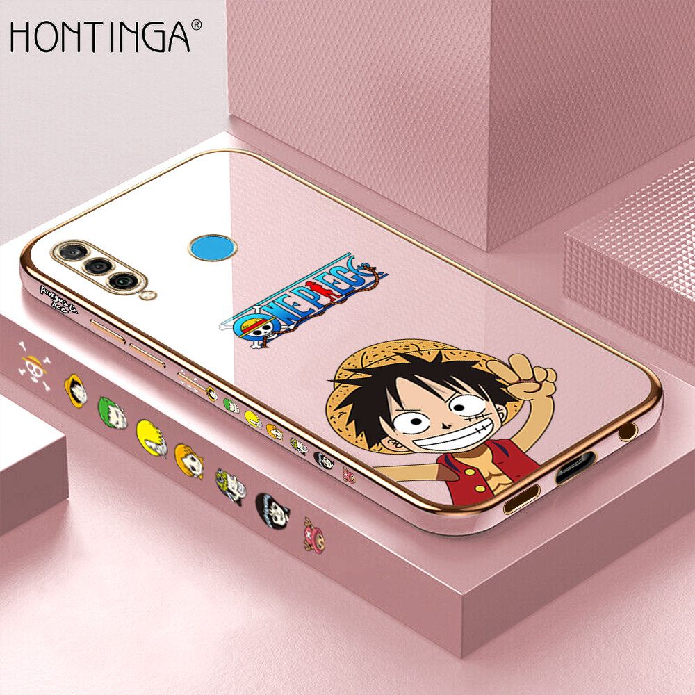 Hontinga for Huawei P30 Lite / Nova 4E Back Cover + Free Lanyard Luxury 6D Plating Anime Cartoon Happy Luffy Side Pattern Case Soft Silicone Square Mobile Cover