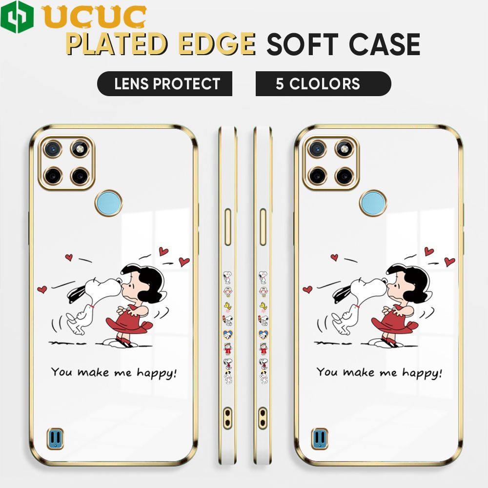 UCUC for Realme C25Y / Realme C21Y Back Cover + Free Lanyard Happy Puppy Luxury 6D Plating Case Side Pattern Soft Silicone Square Phone Cases