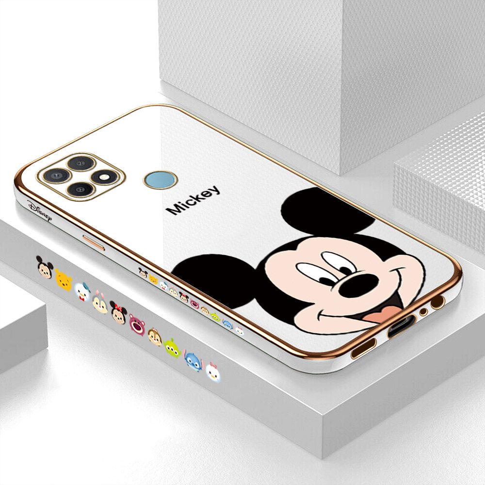 Luxury 6D Plating Soft Casing Silicone Square Frame Phone Case For OPPO A15S Case Shiny Bling Back Cover Cartoon Big Head Mouse Square Edge Pattern Design Soft Case + Free Lanyard