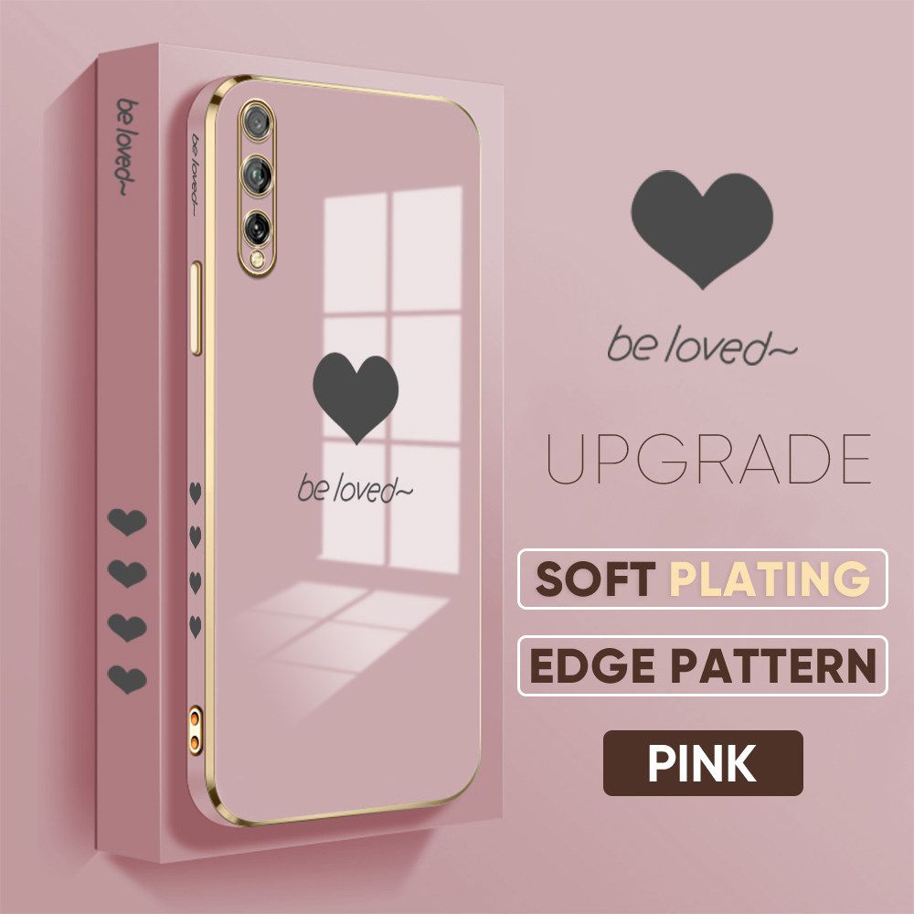 Jizetin (Free Lanyard) Huawei Y8P Luxury 6D Plating Soft Casing Silicone Square Frame Phone Case Shiny Bling Back Cover New Lover Heart New design Side Drawing Case