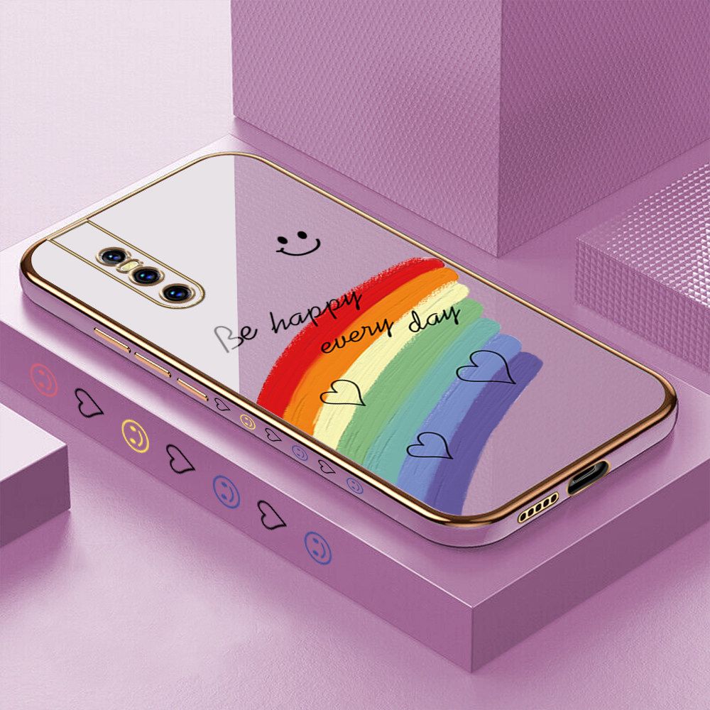 Luxury 6D Plating Case for Vivo V15 Pro Smile Rainbow Lover Heart Side Pattern Back Cover Soft Silicone Square Frame Shiny Bling Phone Cases + Free Lanyard