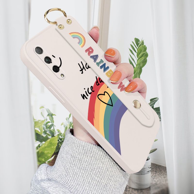 Jizetin for Huawei Y9S / Honor 9X Pro Wrist Strap Case INS Style Smile Rainbow Cover Ultra Thin Anti Fall Liquid Silicone Phone Case
