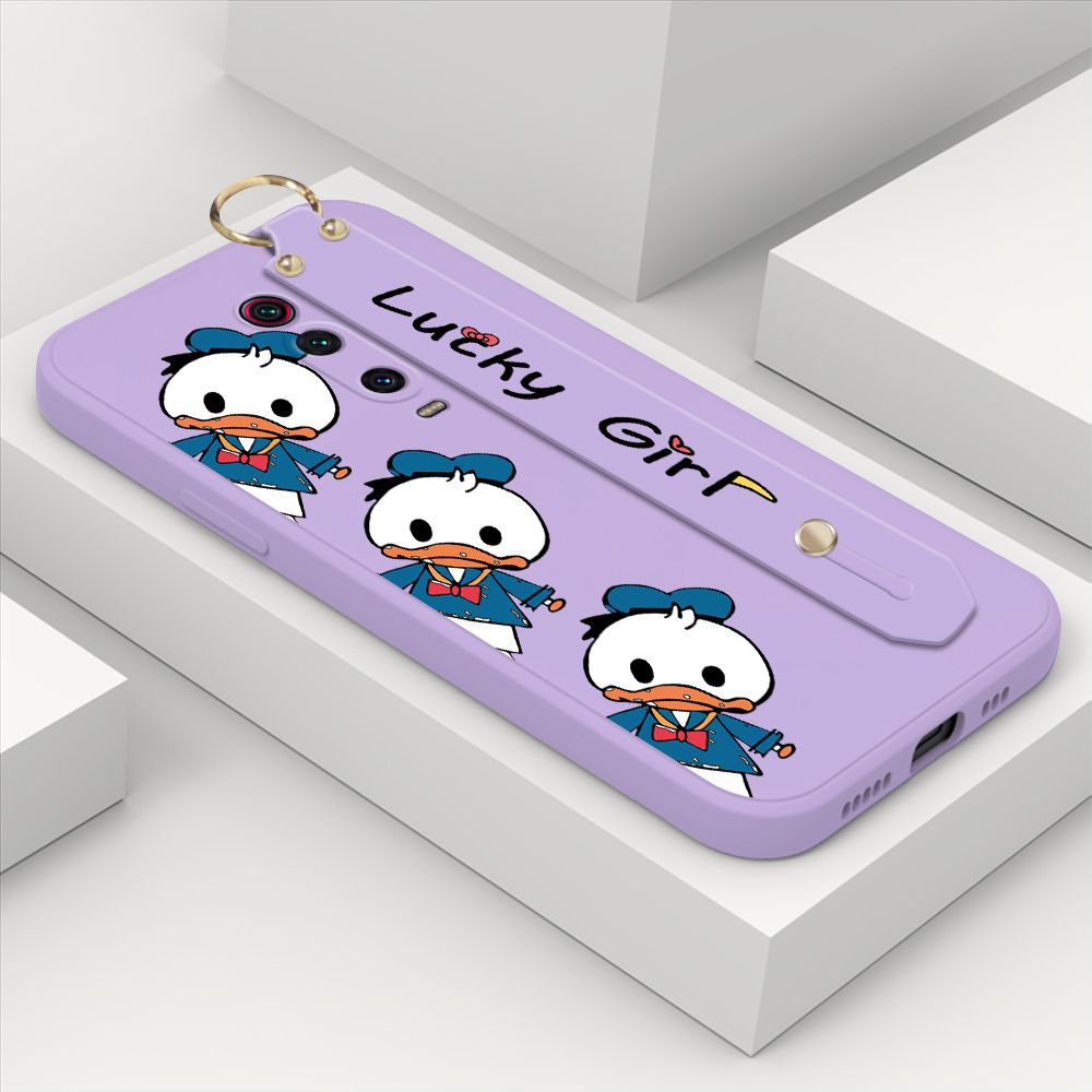 ZeroQiQi for Xiaomi Redmi K20 Wrist Strap Case Cute Cartoon Little Duck Phone Case Square Edge Liquid Silicone Case Full Cover Camera Shockproof Protective Cases