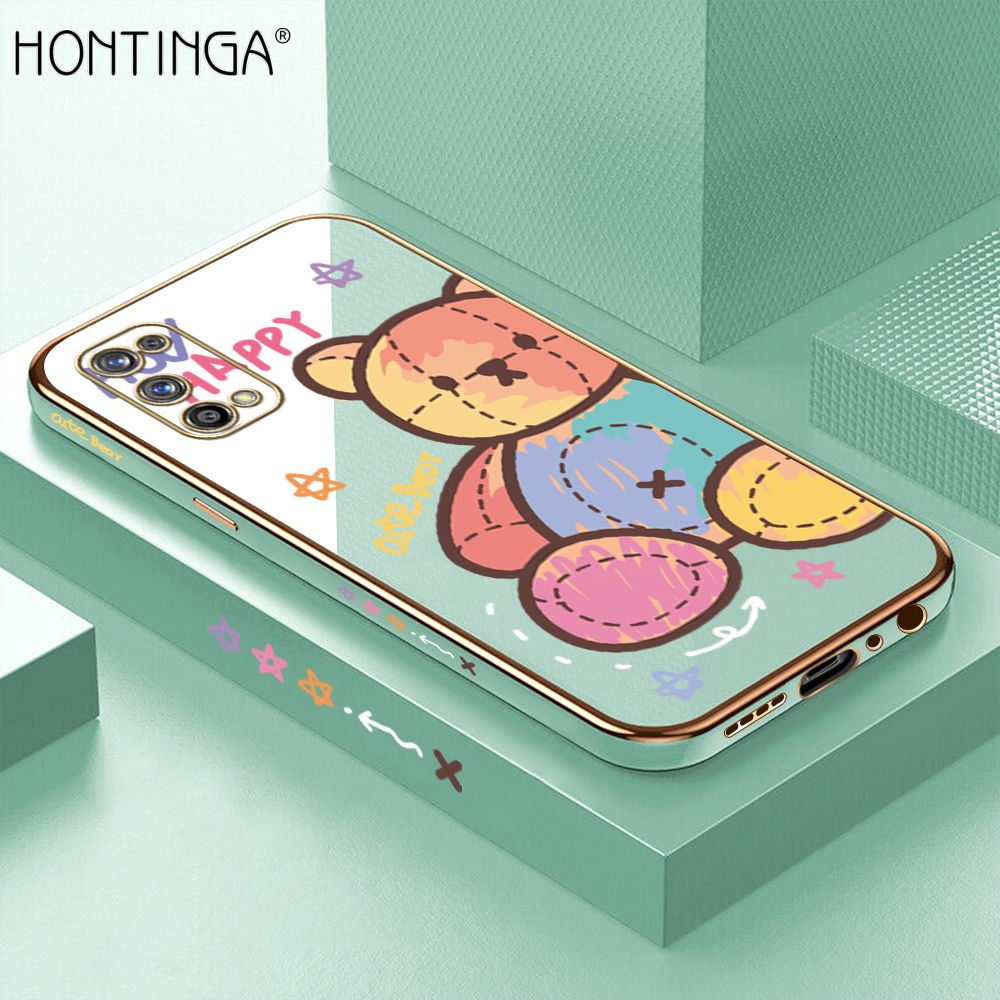 Hontinga for Realme 7 Pro Back Cover + Free Lanyard Luxury 6D Plating Color Doll Bear Side Pattern Case Soft Silicone Square Mobile Cover