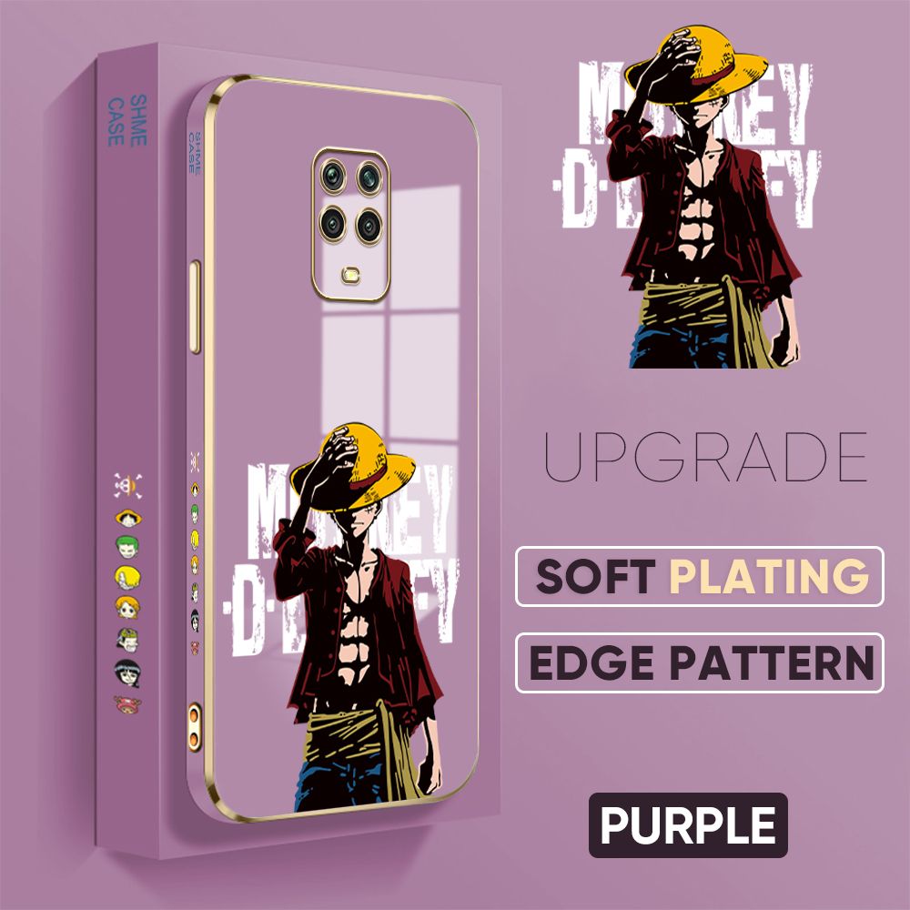 TA for Redmi Note 9S / Note 9 Pro / Note 9 Pro Max / Xiaomi Poco M2 Pro Back Cover + Free Lanyard Handsome Luffy Luxury 6D Plating Case Side Pattern Soft Silicone Square Phone Cases