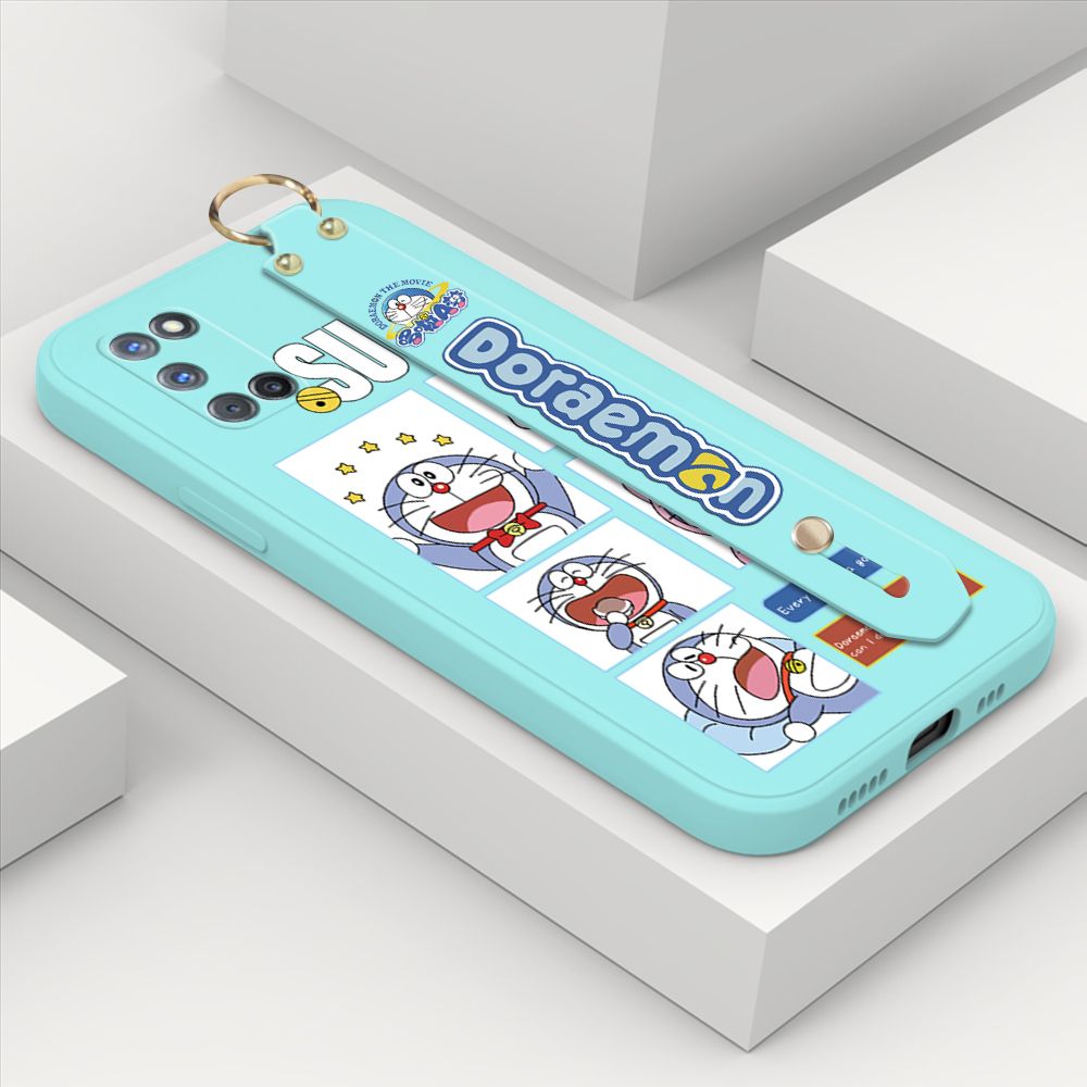ZeroQiQi for OPPO A92 Wrist Strap Case Cute Cute Cartoon Blue Cat Daily Life Cover Square Edge Liquid Silicone Creative Phone Protective Cases