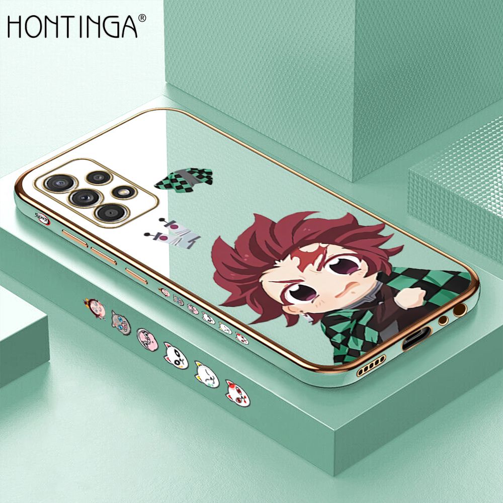 Hontinga for Samsung Galaxy A52 5G / 4G / A52S 4G Back Cover + Free Lanyard Luxury 6D Plating Cartoon Anime Tanjirou Side Pattern Case Soft Silicone Square Mobile Cover