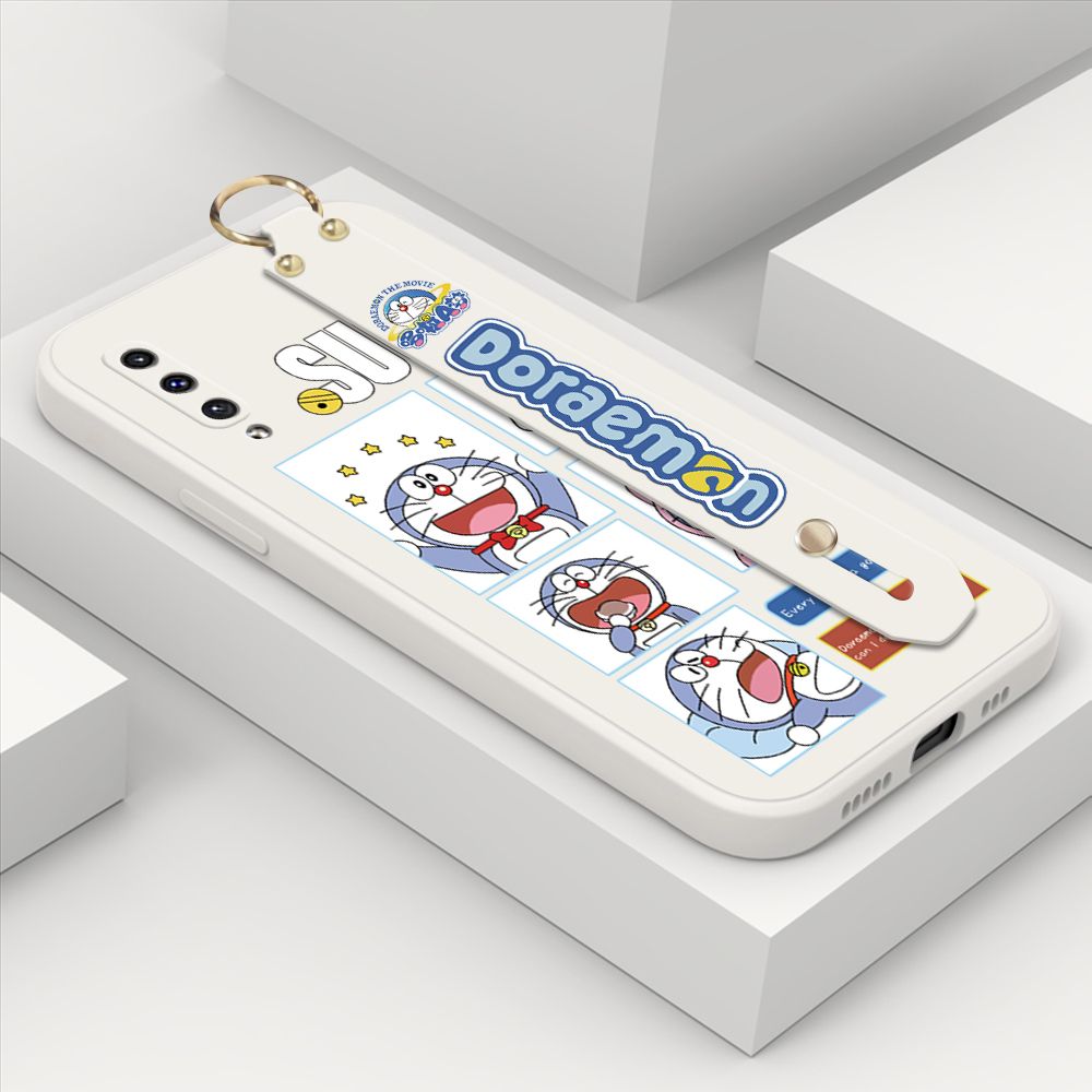 ZeroQiQi for Samsung Galaxy A50 Wrist Strap Case Cute Cute Cartoon Blue Cat Daily Life Cover Square Edge Liquid Silicone Creative Phone Protective Cases