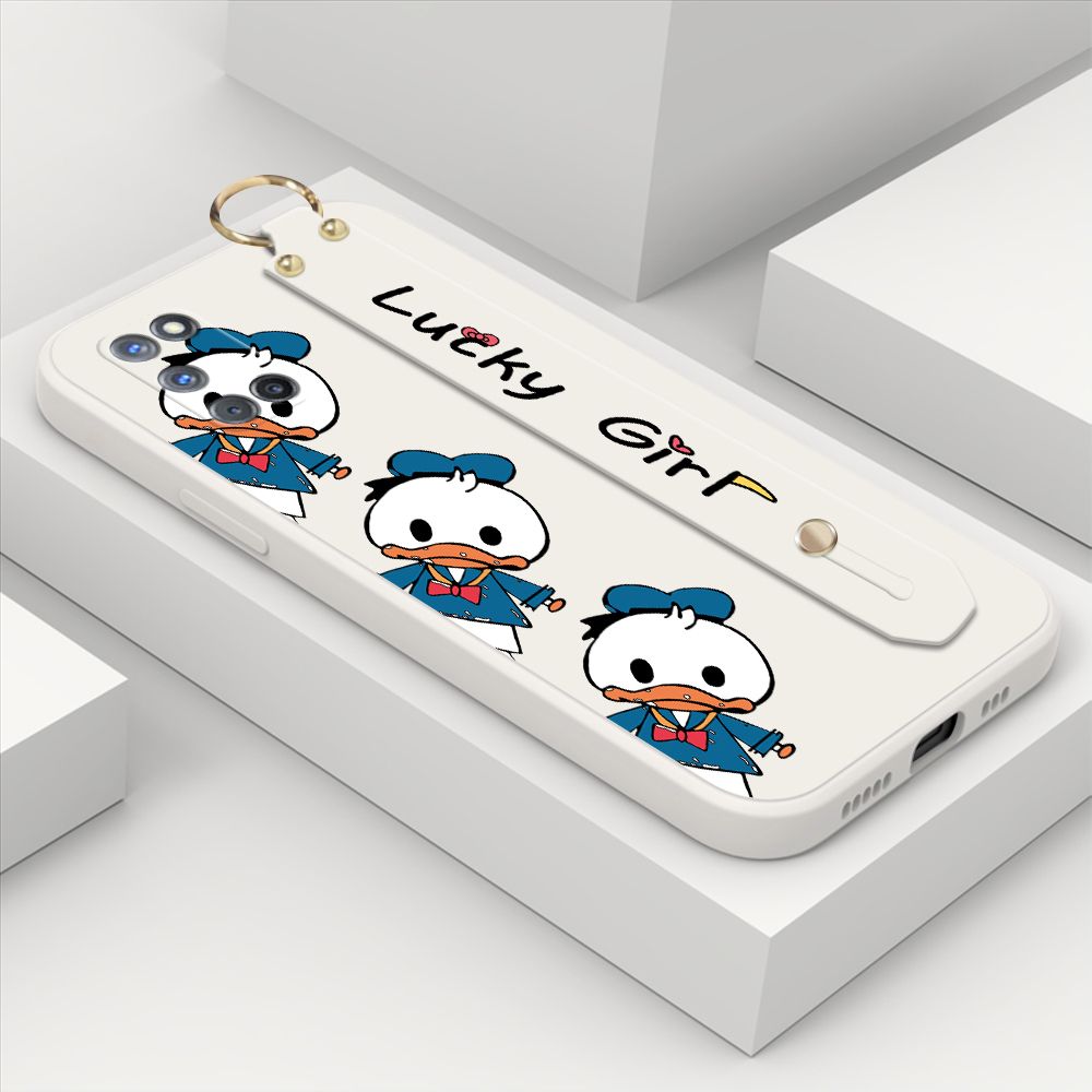 ZeroQiQi for OPPO A92 Wrist Strap Case Cute Cartoon Little Duck Phone Case Square Edge Liquid Silicone Case Full Cover Camera Shockproof Protective Cases