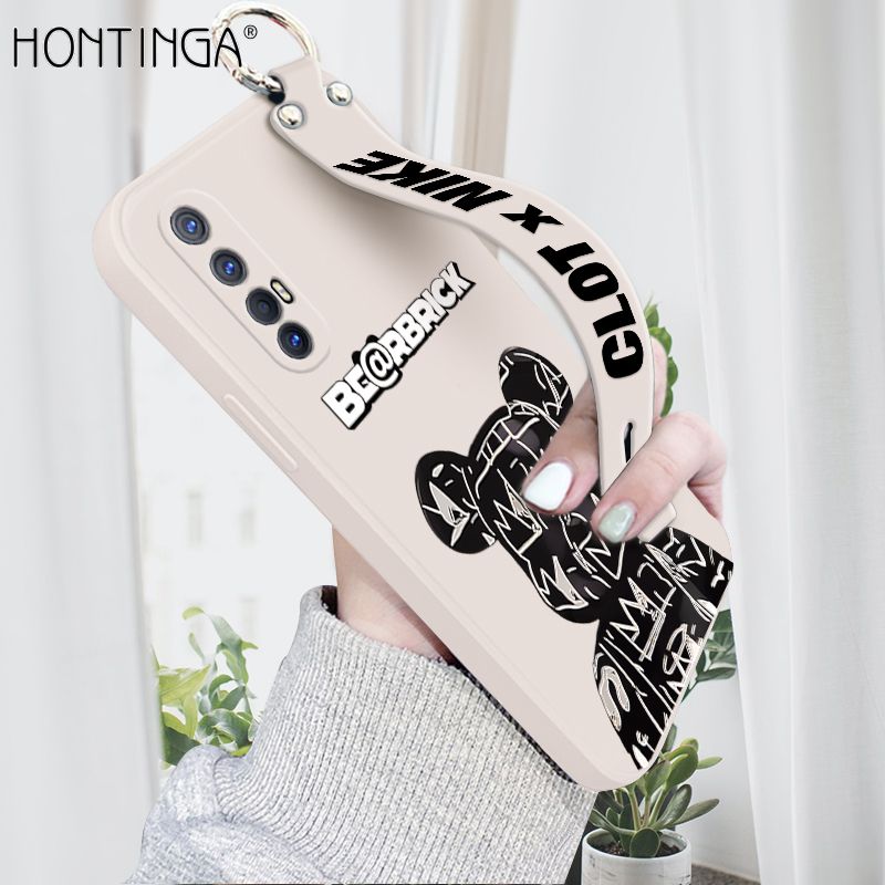 Hontinga for OPPO Reno3 Pro 5G Wrist Strap Case Fashion Black Brand Bear Phone Case Square Edge Liquid Silicone Cases Full Cover Camera Shockproof Protection Cases