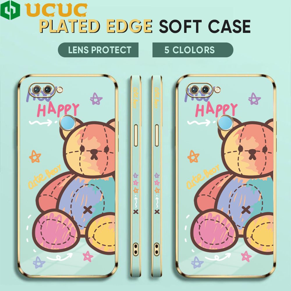 UCUC for Realme 2 Pro Back Cover + Free Lanyard Colorful Muppet Bear Luxury 6D Plating Case Side Pattern Soft Silicone Square Phone Cases