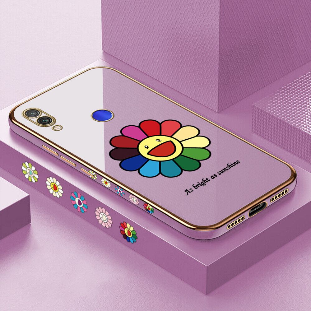 Luxury 6D Plating Case for Redmi Note 7 Colored Sunflower Side Pattern Back Cover Soft Silicone Square Frame Shiny Bling Phone Cases + Free Lanyard