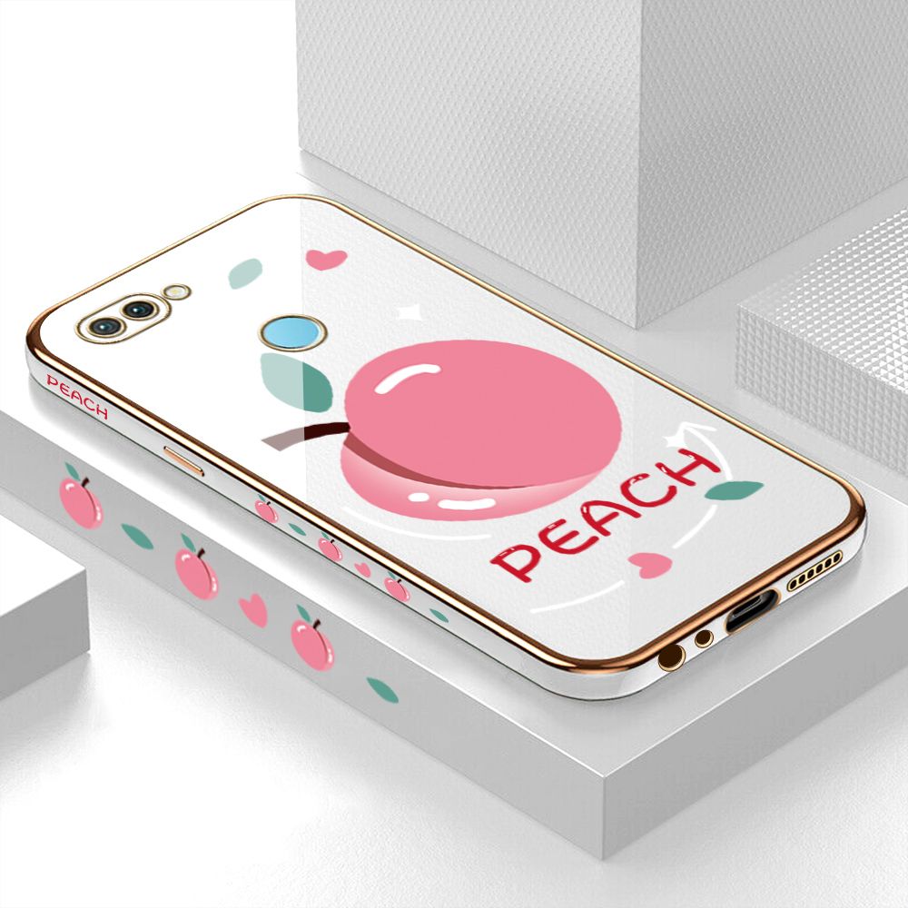 Luxury 6D Plating Case for OPPO F9 Cartoon Simple Peach Side Pattern Back Cover Soft Silicone Square Frame Shiny Bling Phone Cases + Free Lanyard