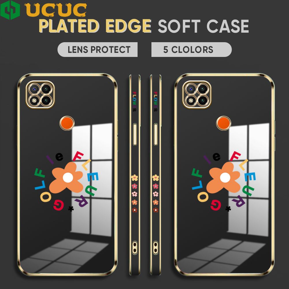 UCUC for Redmi 10A 9C Back Cover + Free Lanyard Colorful Flower Luxury 6D Plating Case Side Pattern Soft Silicone Square Phone Cases