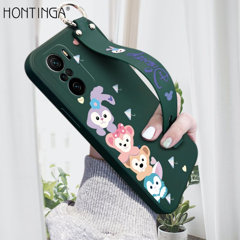 Hontinga for Xiaomi Poco F3 / Mi 11x / Redmi K40 / K40 Pro Wrist Strap Case INS Cute Style Creative Cartoon Rabbit and Fox Cover Thin Square Edge Liquid Silicone Phone Case