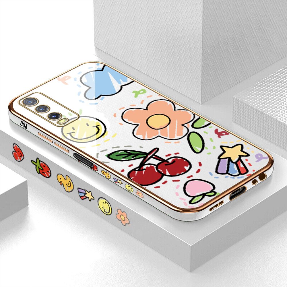 Luxury 6D Plating Case for Vivo Y20SG Color Cartoon cherry Peach Side Pattern Back Cover Soft Silicone Square Frame Shiny Bling Phone Cases + Free Lanyard