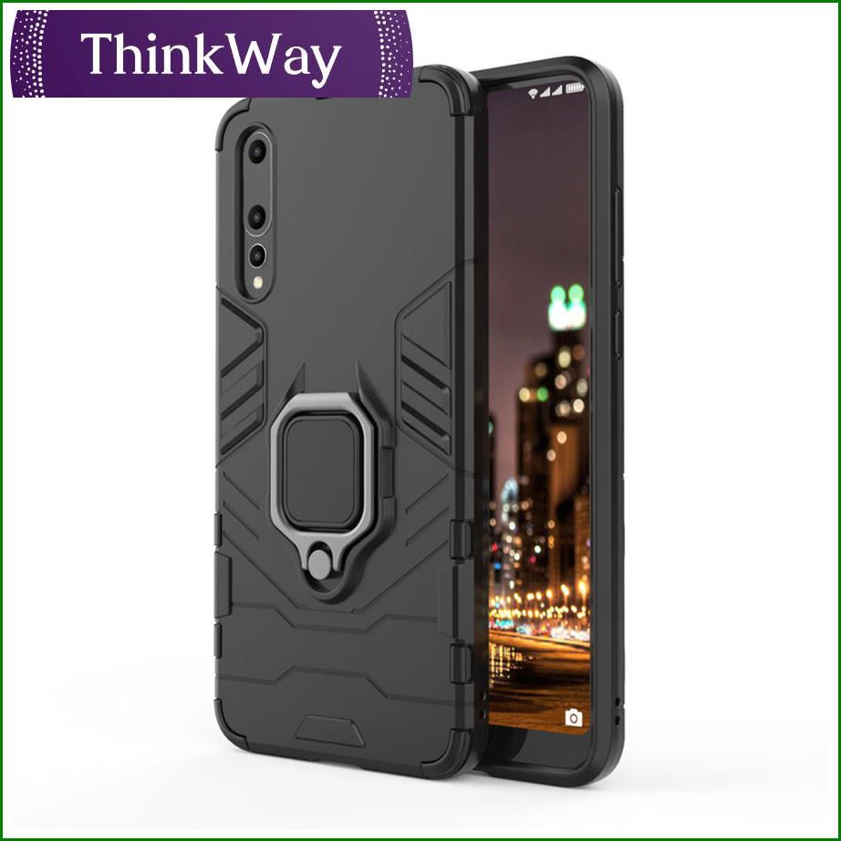 Silicone TPU and Hard PC Dual Layer Heavy Duty Shockproof Metal Ring Holder Cover Phone Casing For Honor 6X & P20