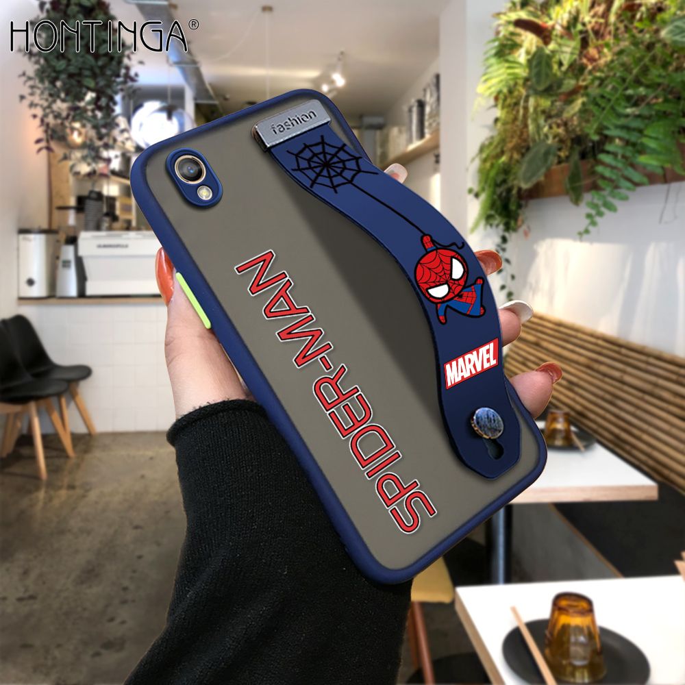 Hontinga for OPPO A37 / A37F Back Cover With Wristband Cartoon Spiderman Phone Casee Full Lens Protection Thin Frosted Cases