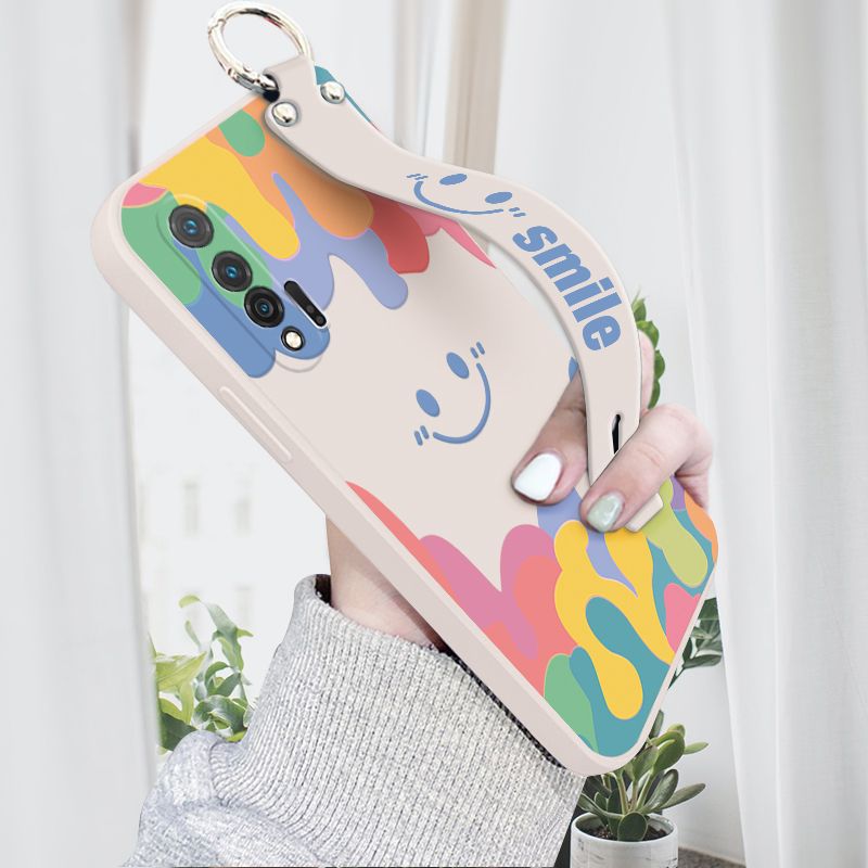 Hontinga for Huawei Nova 6 Wrist Strap Case Soft Candy Color Splash Ink Cover Trend Square Printed Pattern Liquid Silicone Phone Case