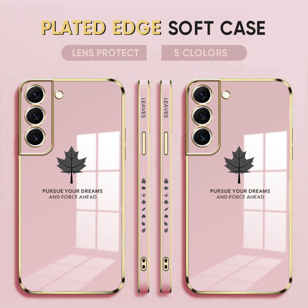 Luxury 6D Plating Case for Samsung Galaxy S22 5G Back Cover Maple Leaf Side Pattern Soft Silicone Square Phone Cases