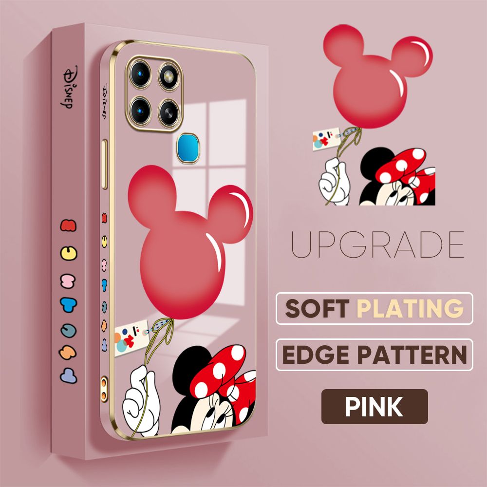 Jizetin (Free Lanyard) Infinix Smart 6 Back Cover Red Mouse Balloon Luxury 6D Plating Case Side Pattern Soft Silicone Square Phone Cases
