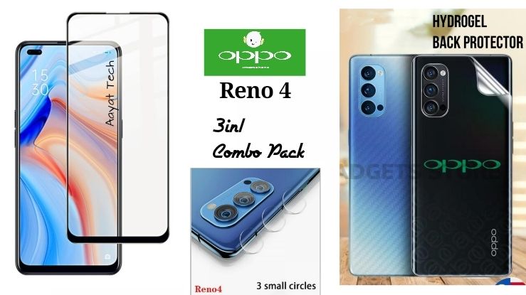 Oppo reno 4 এর জন্য 3 ইন 1 কম্বো (টেম্পার্ড স্ক্রিন প্রোটেক্টর, ক্যামেরা গ্লাস, স্বচ্ছ ব্যাক পলি)