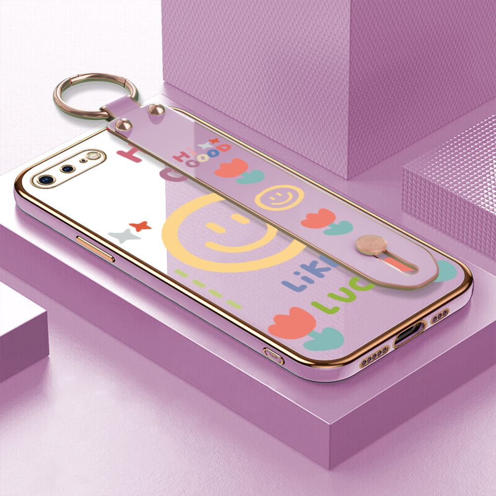 ZeroQiQi for iPhone 7 Plus / 8 Plus Wrist Strap Back Cover Flower Smiley Fashion Luxury 6D Plating Soft Casing Silicone Square Frame Phone Case